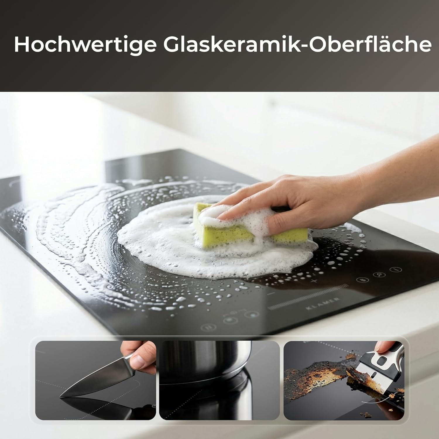 Hand reinigt schwarzes Ceranfeld mit Schaumschwamm; darunter drei kleine Detailbilder mit Messer, Topf und Schaber.
