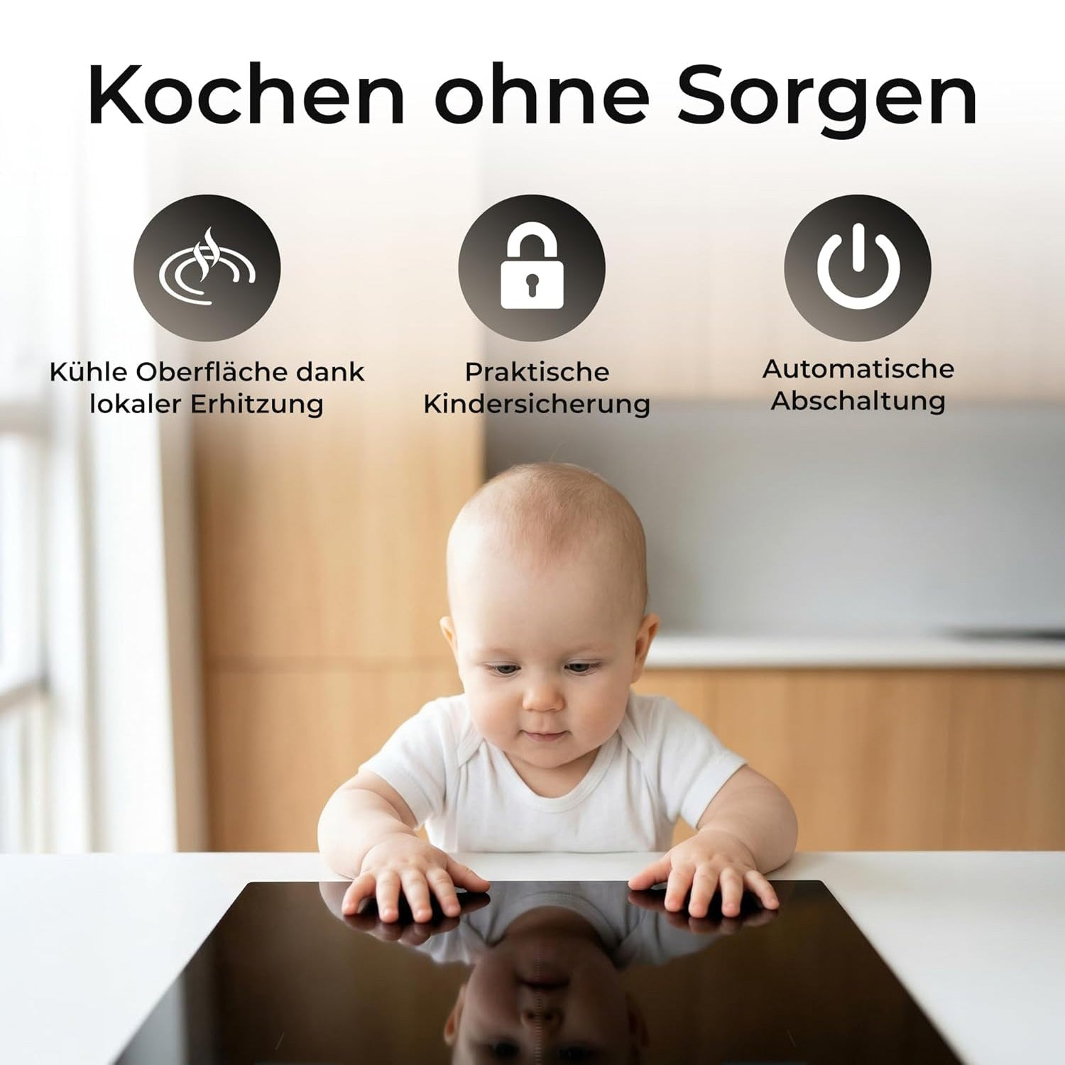 Ein Baby berührt ein schwarzes Induktionskochfeld, mit Symbolen und Text oben, die Sicherheitsfunktionen zeigen.