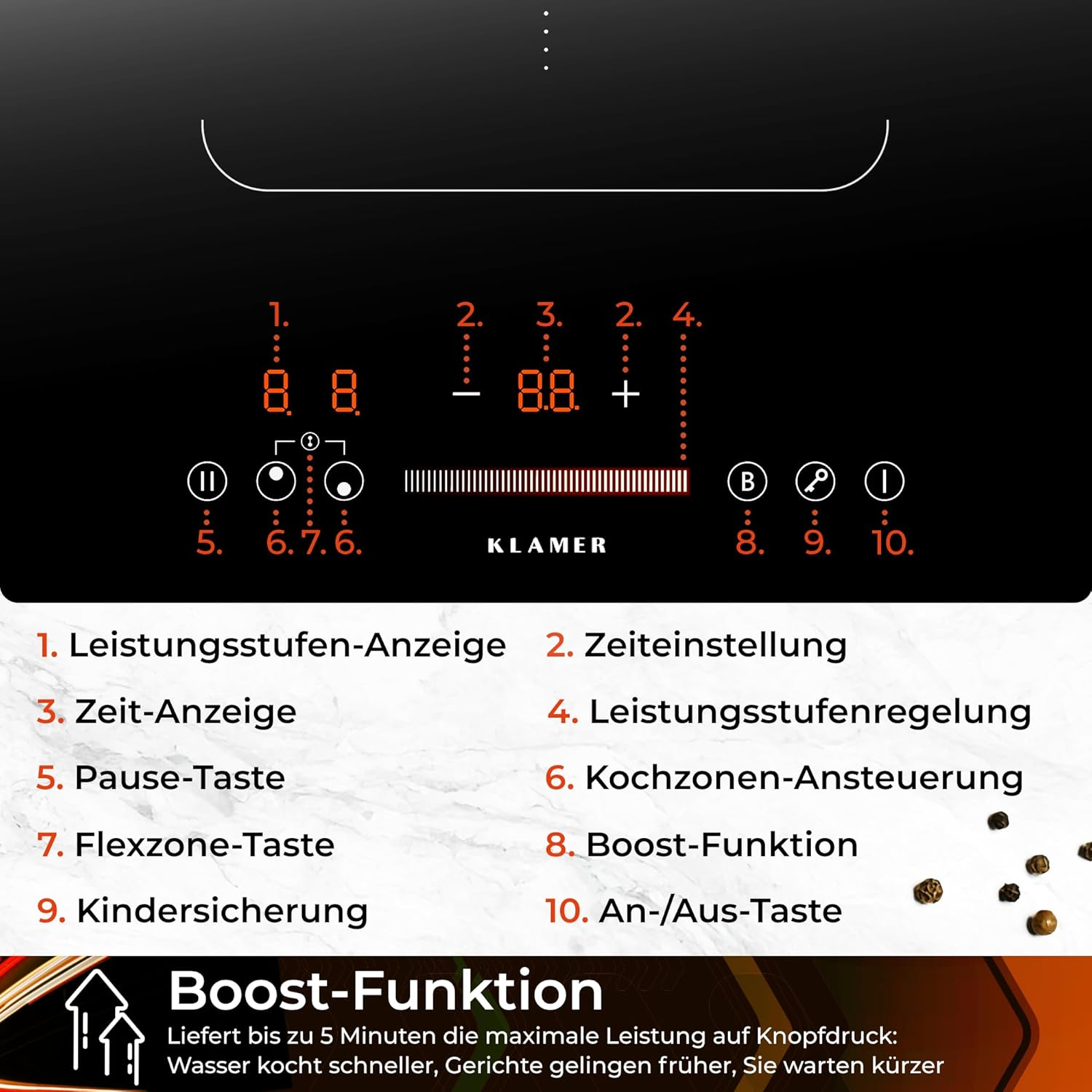 Bedienfeld eines Klamer-Induktionskochfeldes mit nummerierten Funktionen von 1 bis 10 und Erklärungen.