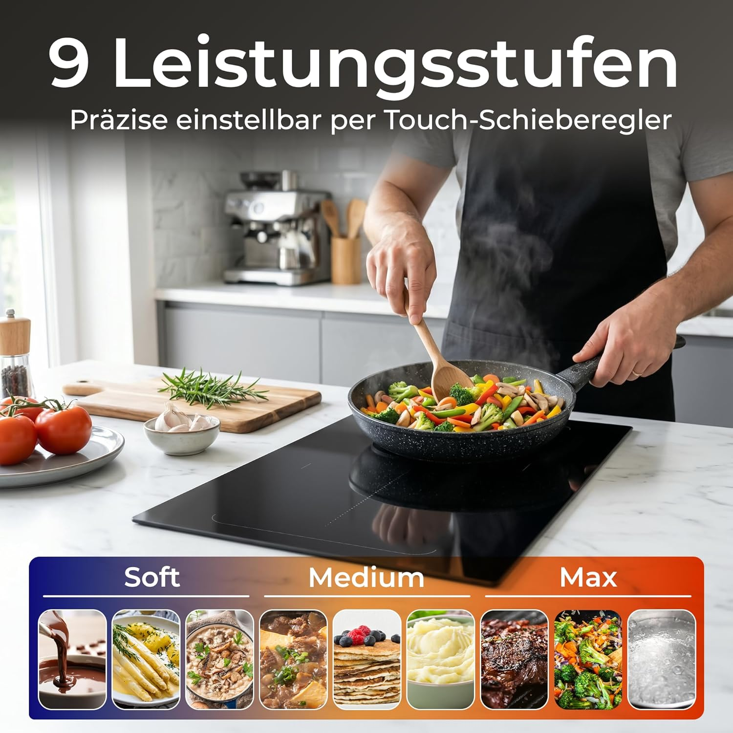 Person kocht Gemüse in einer Pfanne auf einem modernen Induktionskochfeld, mit Text und Symbolen.
