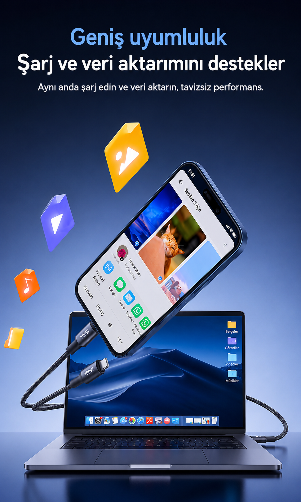 Dizüstü bilgisayara bağlı şarj kablolu akıllı telefon, yüzen dosya simgeleri ve Türkçe metin.
