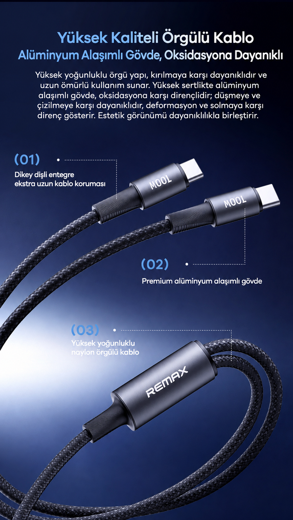 Mavi arka planda alüminyum kasaya sahip dayanıklı örgülü USB-C kablosu.