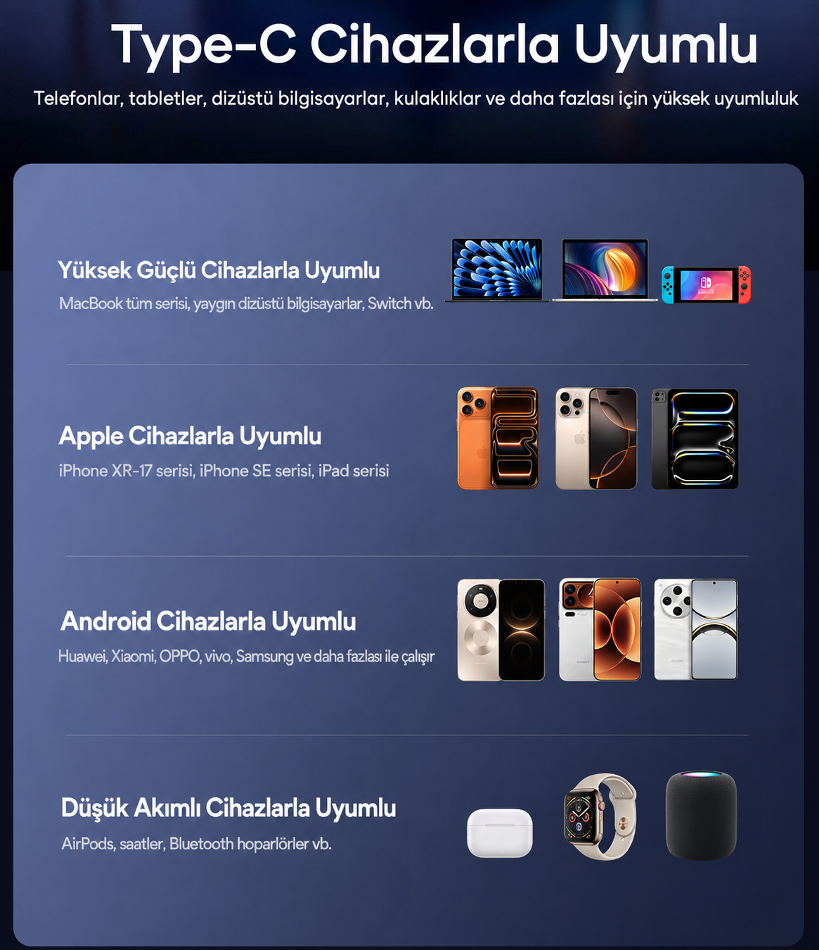 Mavi arkaplanda dizüstü, Apple, Android ve aksesuarlarla Type-C cihaz uyumluluğunu gösteren bilgi grafiği.