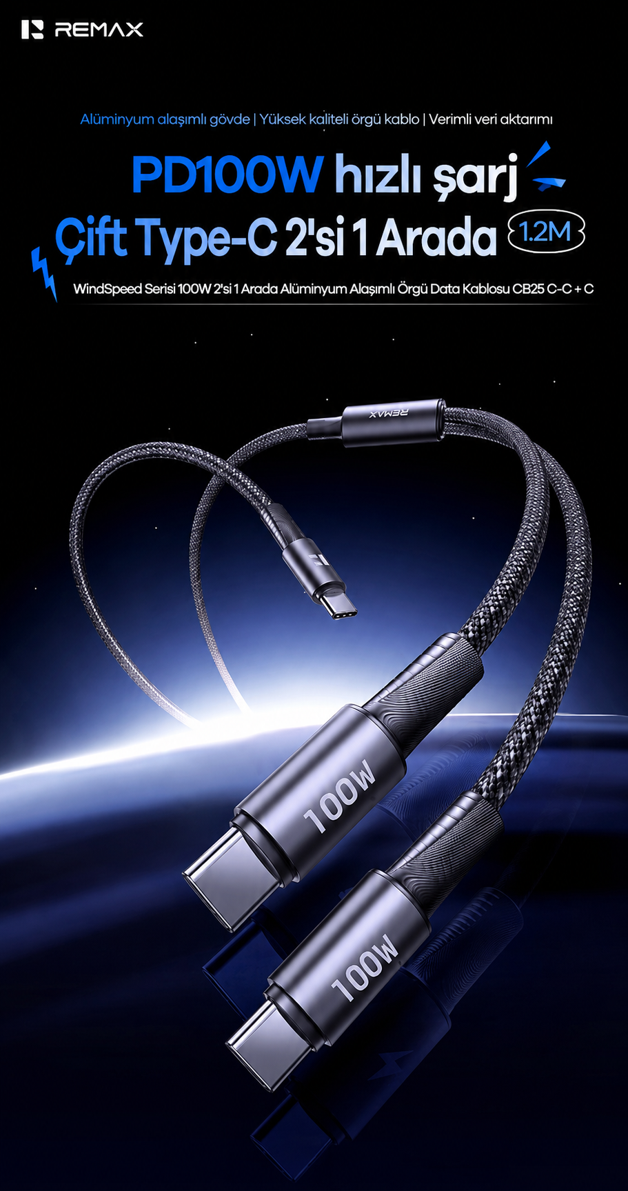 Koyu arka plan ve ışık efektleri önünde USB-C konnektörlü Remax 100W PD hızlı şarj kablosunun tanıtım görseli.