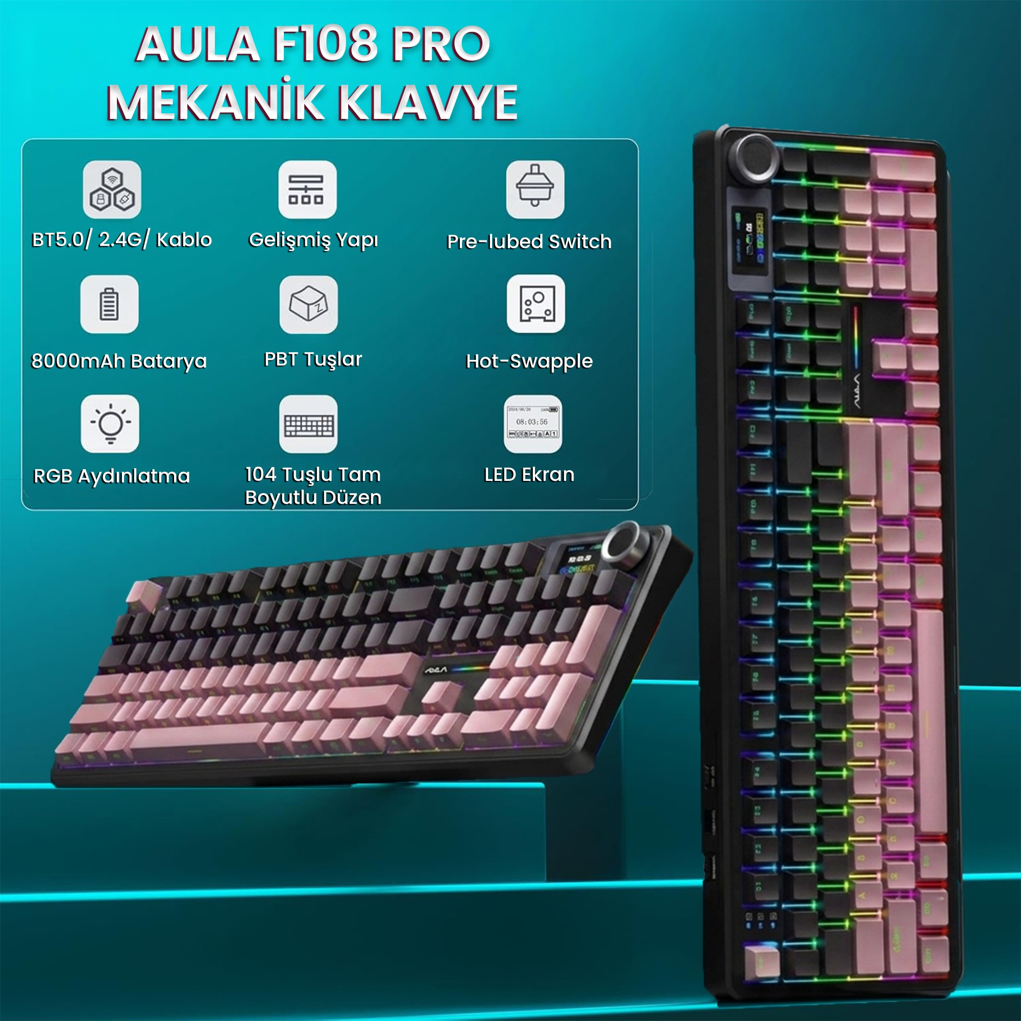 Mavi arka plan üzerinde özellik simgeleri bulunan, RGB aydınlatmalı pembe ve siyah mekanik klavye.