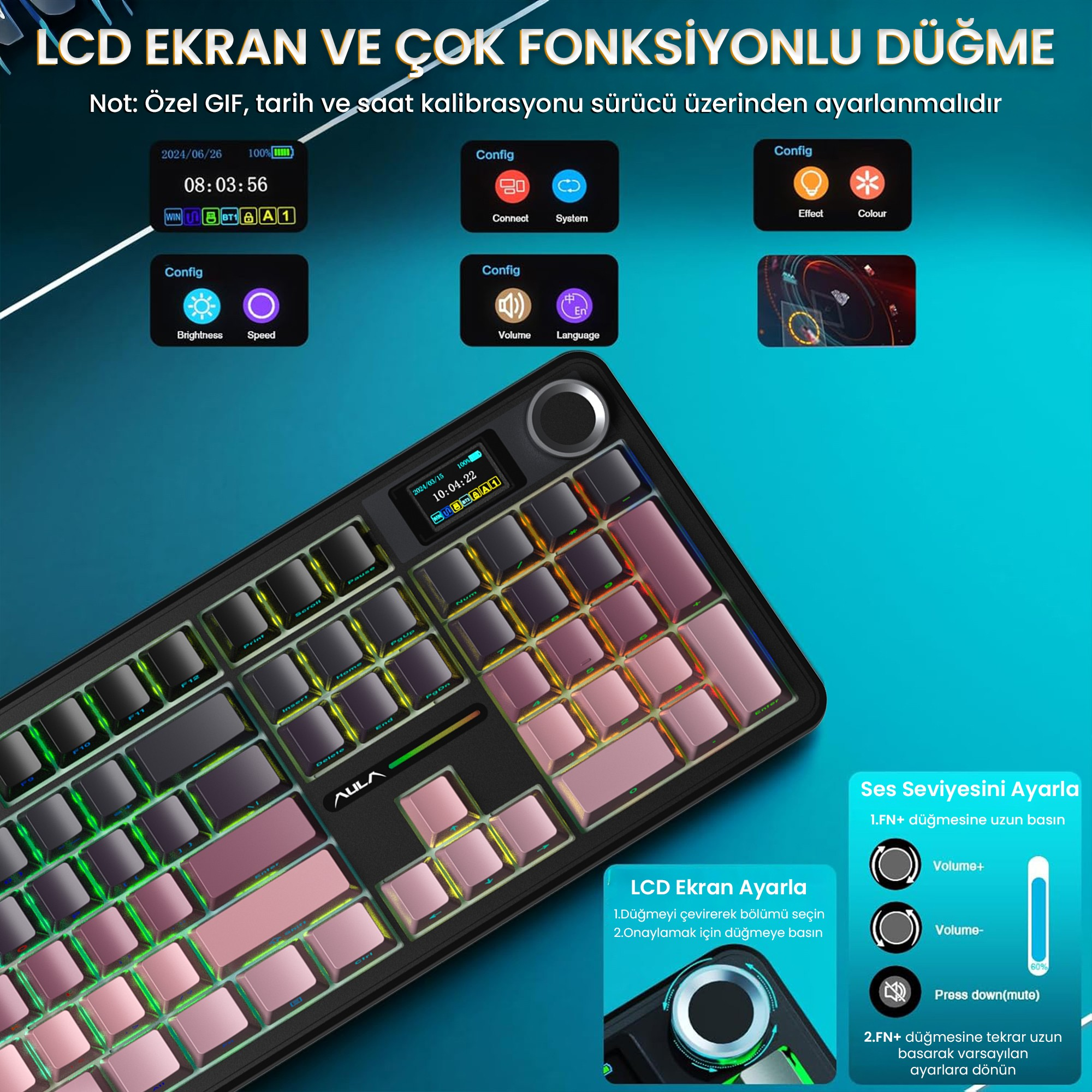 Pembe ve koyu tuşlu, LCD ekranlı ve döner düğmeli siyah klavye, turkuaz zemin üzerinde.