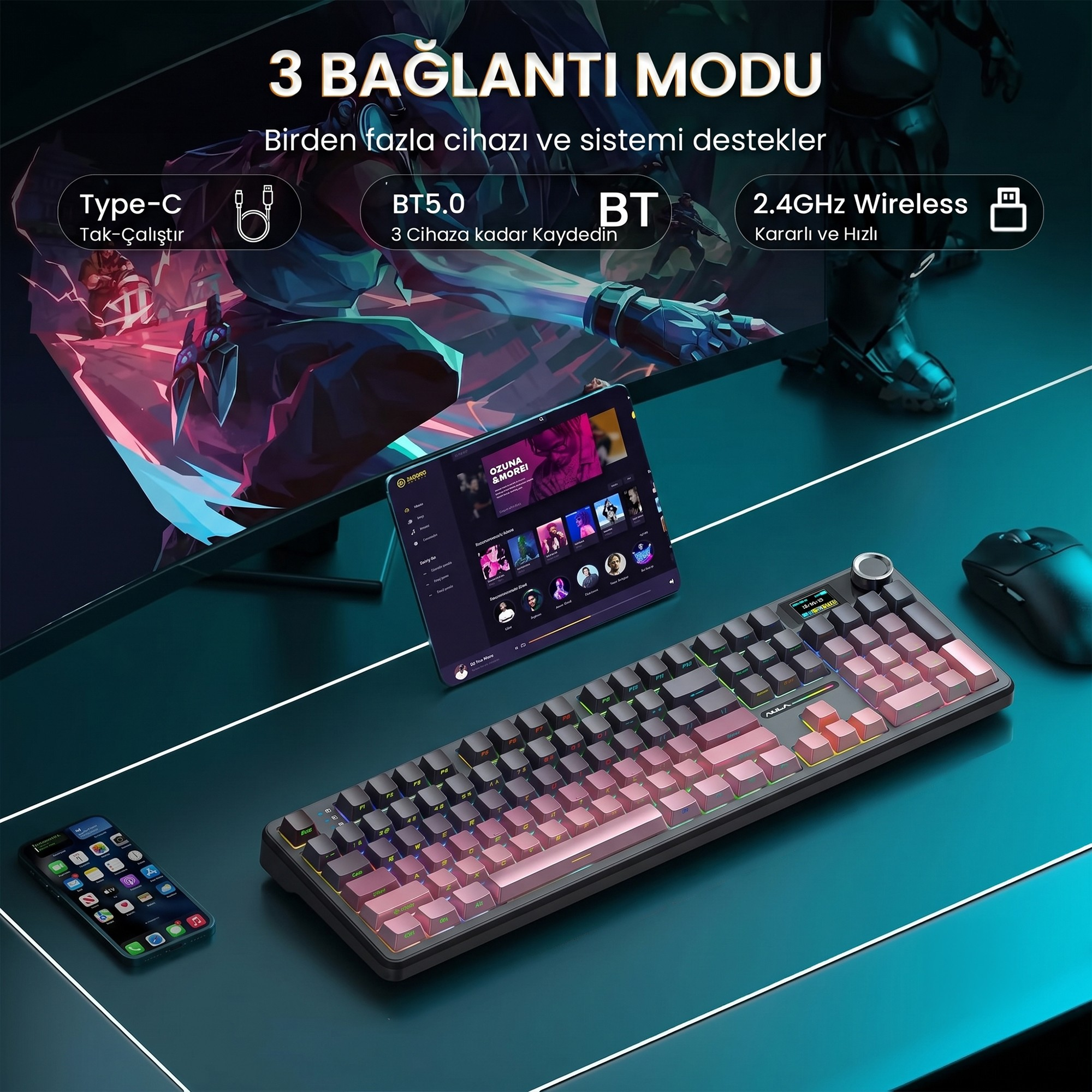 Bağlantı modlarını gösteren bir monitör, klavye, fare, tablet ve akıllı telefon içeren bir oyuncu masası.