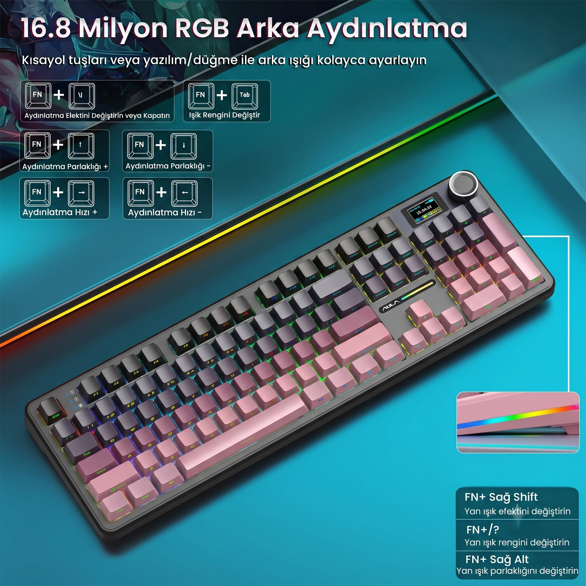 Pembe ve gri tuşlu, RGB arka aydınlatmalı ve kısayol talimatlı mekanik klavye.