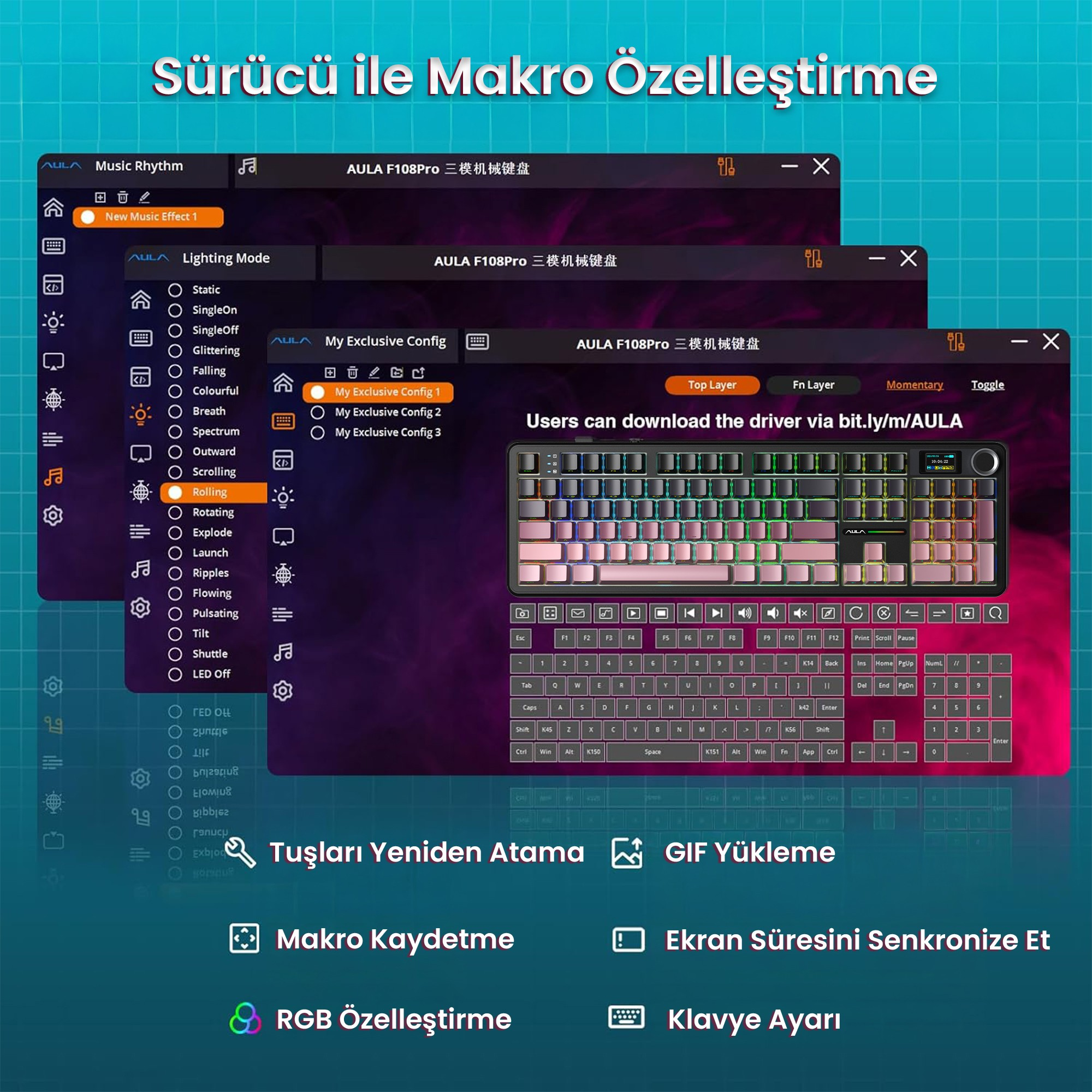 Makro ve RGB ayarları içeren AULA F108Pro klavye sürücü yazılımı ekran görüntüsü.