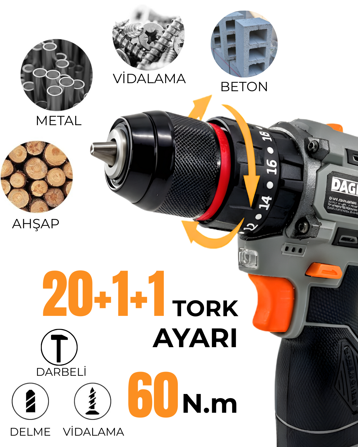 Tork ayarli, fonksiyon ikonlu ve metal, ahsap, vida, beton ornek gorselli sarjli matkap.