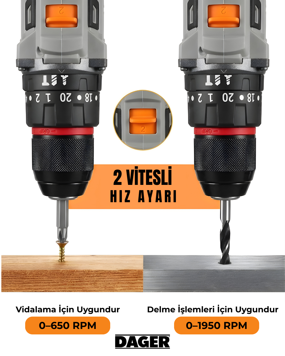 0-650 devir vidalama ve 0-1950 devir delme özellikli 2 vitesli matkap.