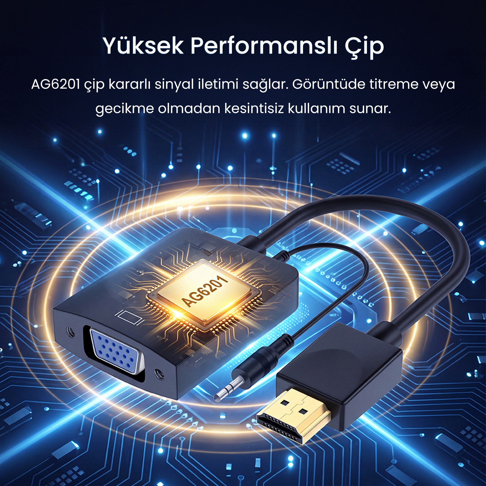 Mavi devre kartı arkaplanında AG6201 çiplerine sahip, ses jaklı bir HDMI - VGA dönüştürücü.