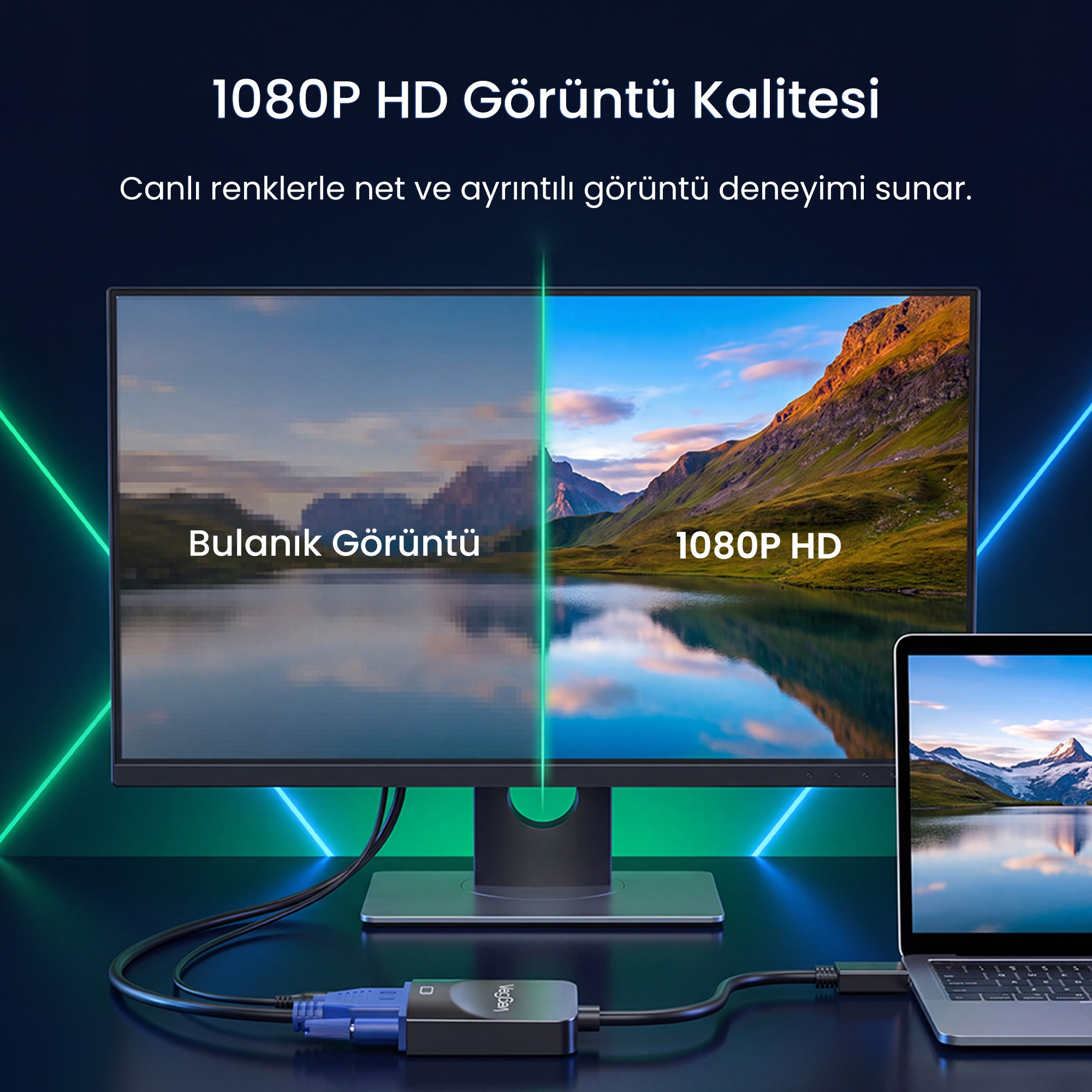 Bir monitörde bulanık bir görüntü ile net 1080P HD arasındaki karşılaştırma.