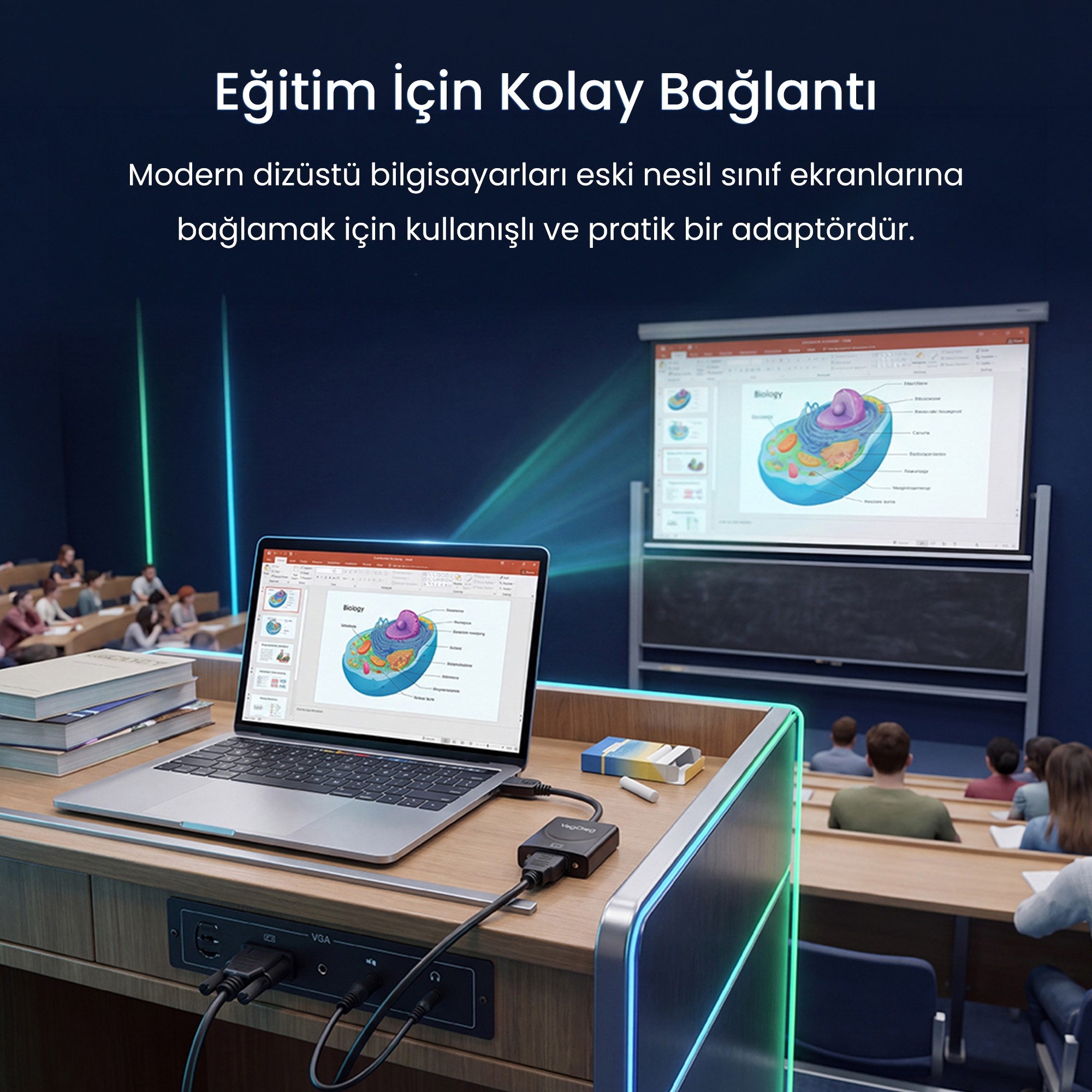 Bir sınıf masasındaki dizüstü bilgisayar, büyük ekrana bir biyoloji sunumu yansıtıyor.