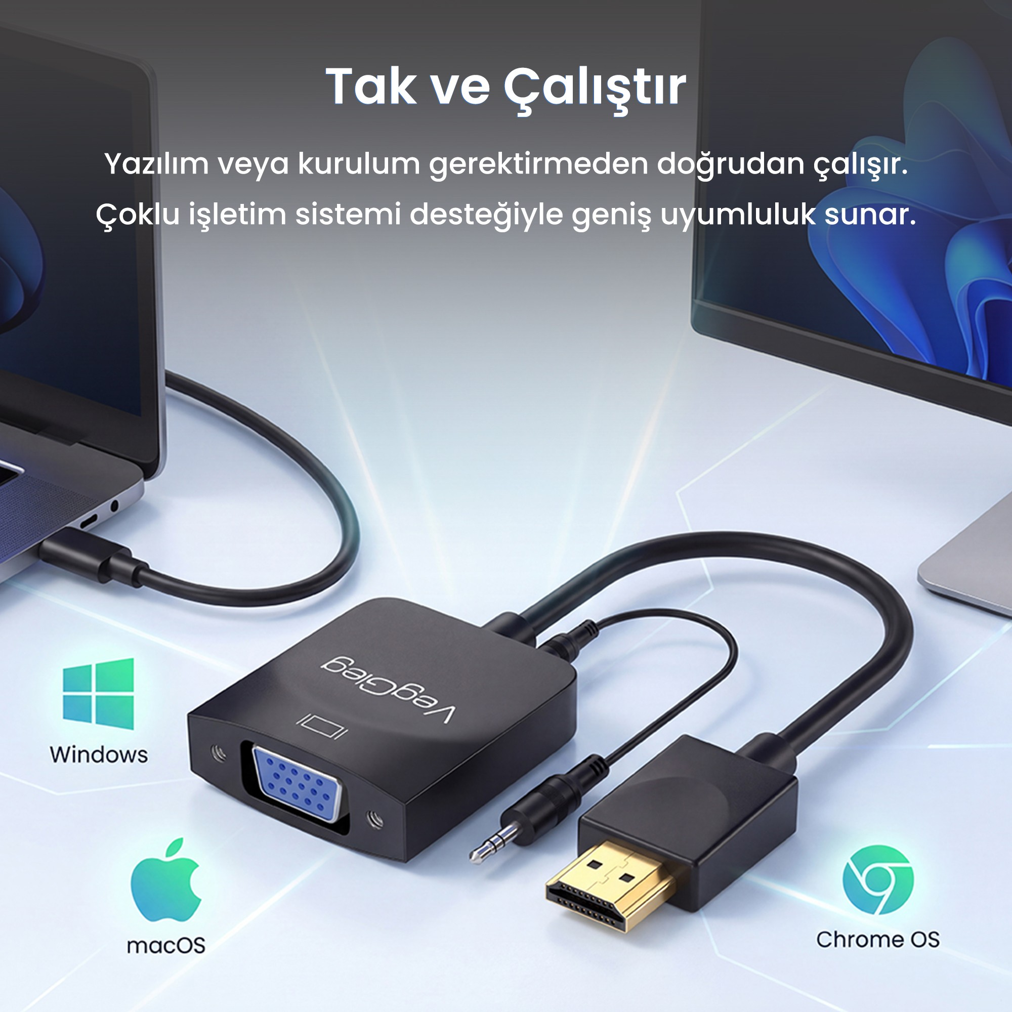 Siyah bir VGA-HDMI adaptörü, dizüstü bilgisayarı monitöre bağlıyor, işletim sistemi simgeleriyle.