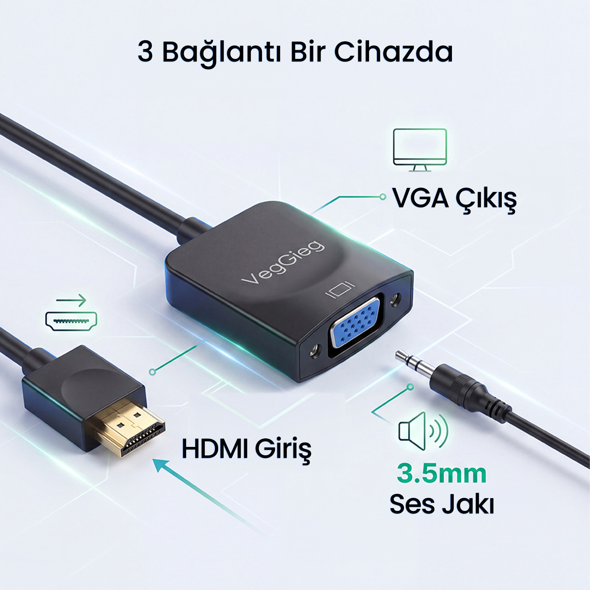 Açık arka planda HDMI girişli, VGA çıkışlı ve 3.5mm ses jaklı siyah VegGieg adaptör.
