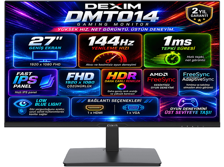 DEXIM DMT014 144Hz HDMI+VGA HDR Low Blue Light FreeSync Fast IPS 1920x1080 27 inç Full-HD 1 ms Gaming Monitör Siyah