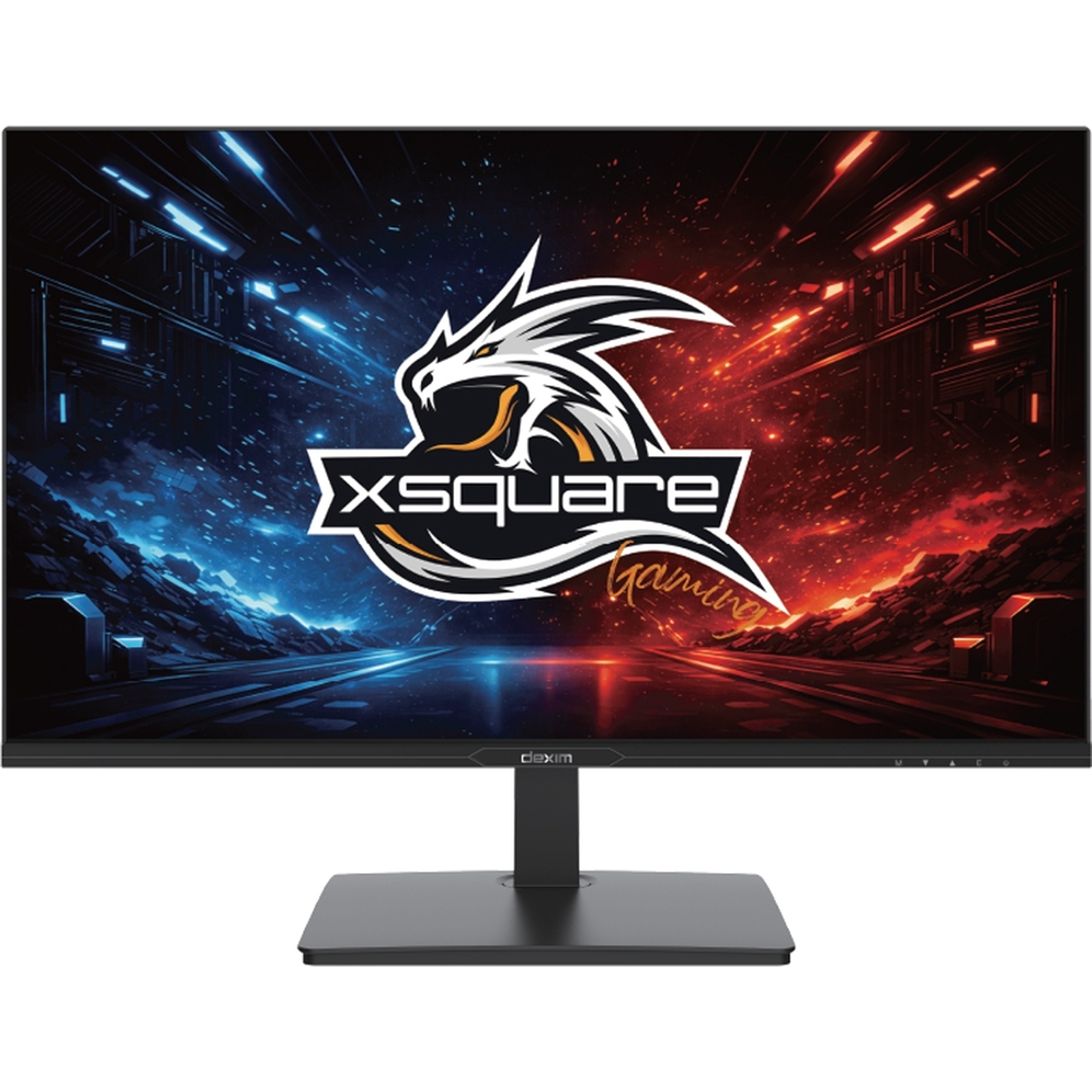 Bir Dexim oyuncu monitöründe ejderha logosu ve Xsquare Gaming yazısının bulunduğu mavi-kırmızı bir duvar kağıdı var.