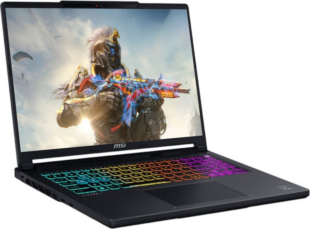 Renkli RGB arka aydınlatmalı klavyeye ve ekranda fantezi oyununa sahip siyah MSI oyuncu dizüstü bilgisayarı.