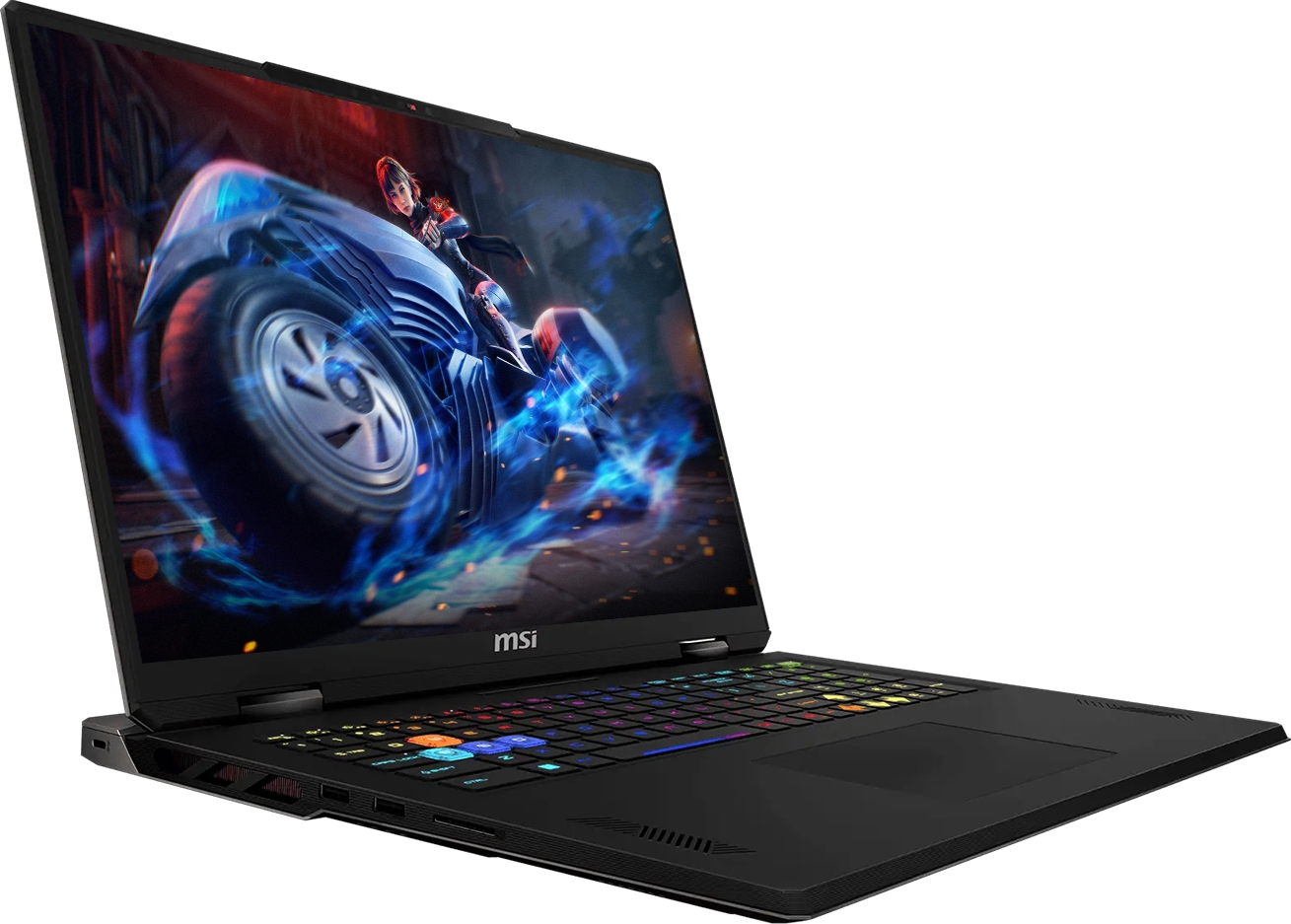 Beyaz arka planda RGB klavyeli ve aksiyon ekranlı siyah bir MSI oyuncu dizüstü bilgisayarı.