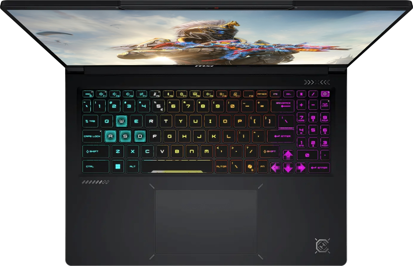 Üstten görünen siyah bir dizüstü bilgisayar, aydınlatmalı RGB klavye ve oyun duvar kağıdı.