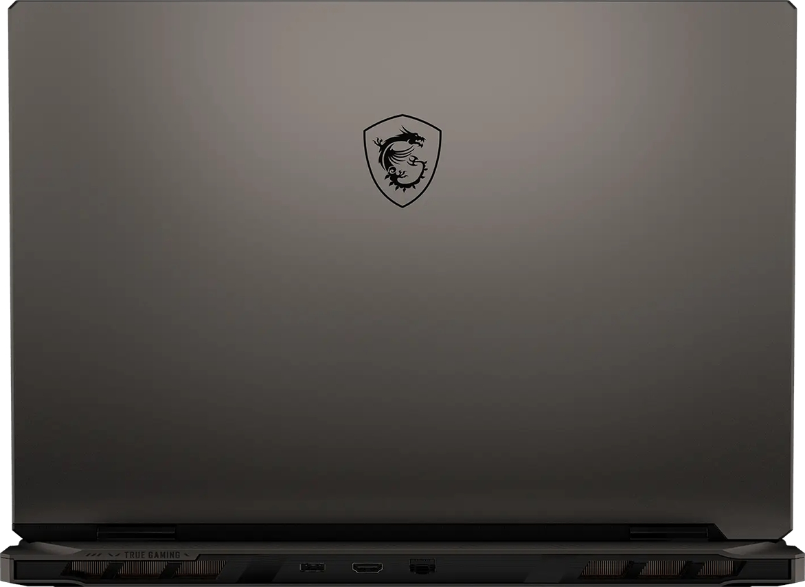 Ortasında ejderha logosu ve alt kenarda bağlantı noktaları olan gri bir MSI dizüstü bilgisayarın arkası.