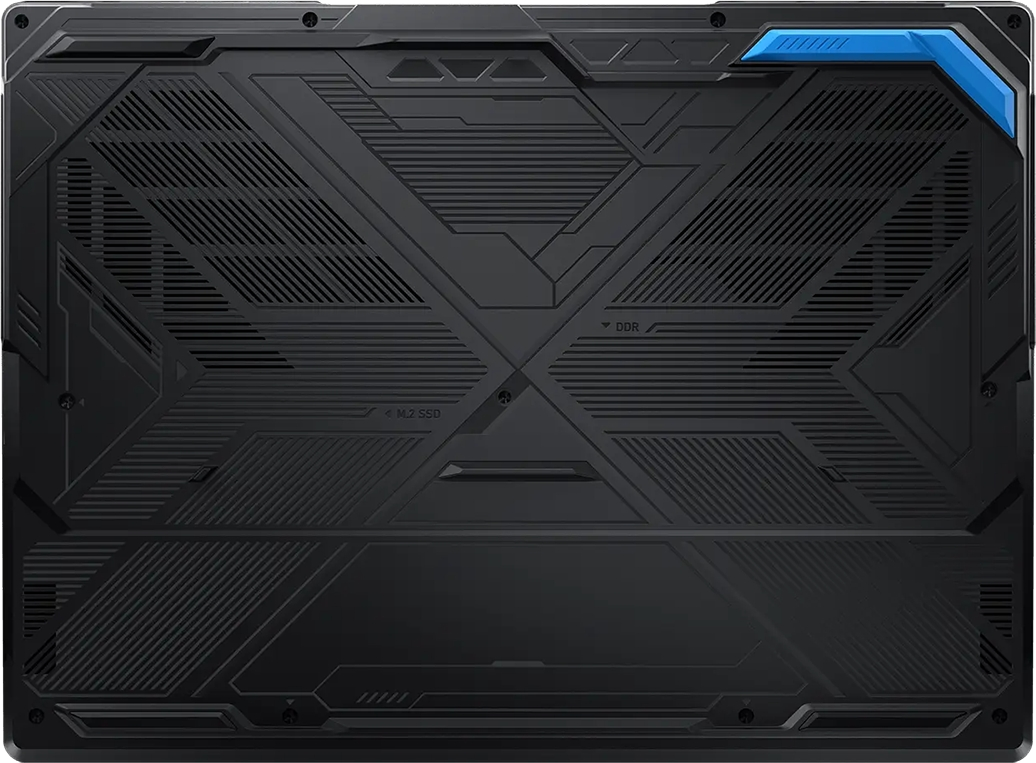 Geometrik çizgiler, havalandırma ızgaraları ve sağ üstte mavi bir detaya sahip siyah laptop alt kapağı.