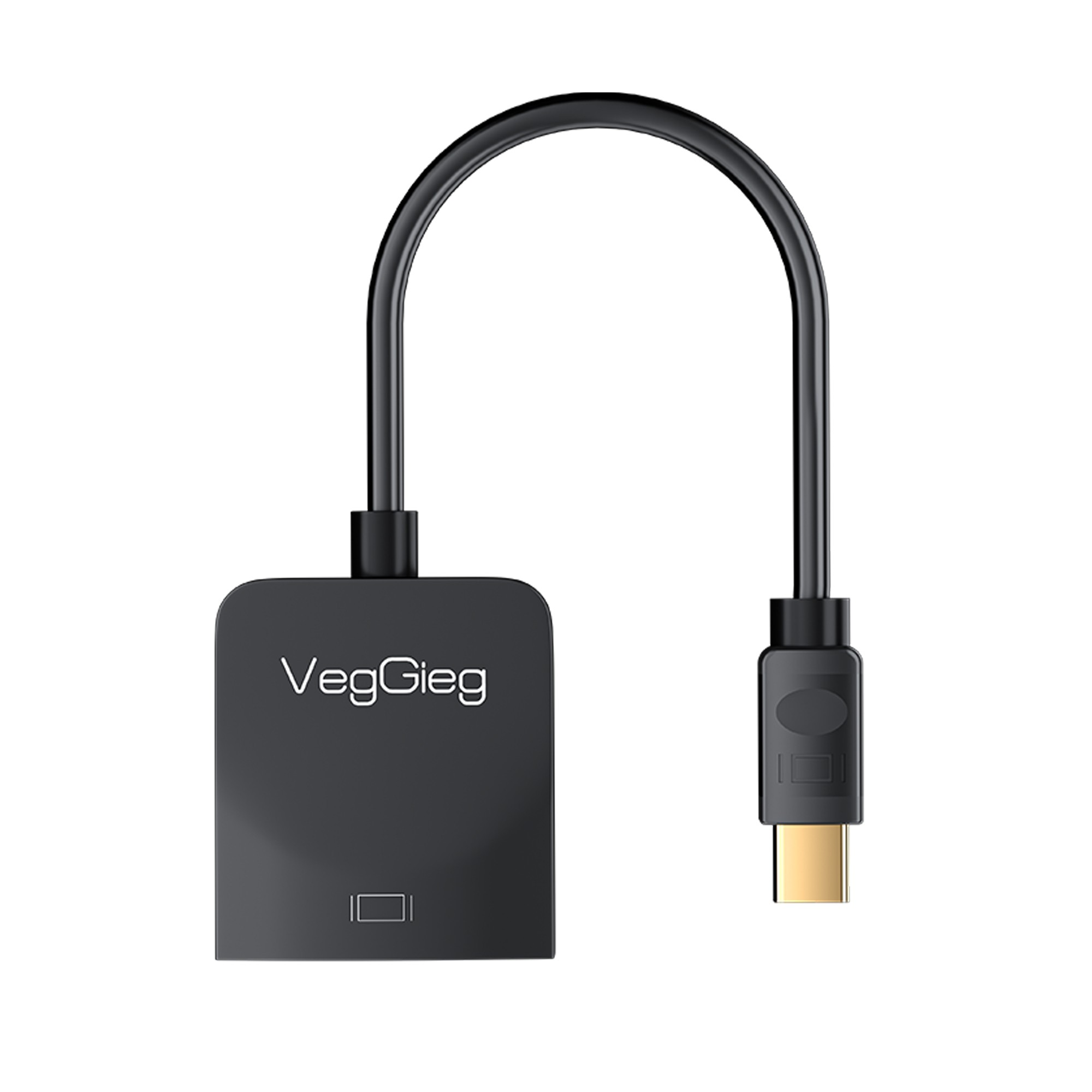 Beyaz arka planda kısa kablolu siyah VegGieg USB-C - DVI adaptörü.