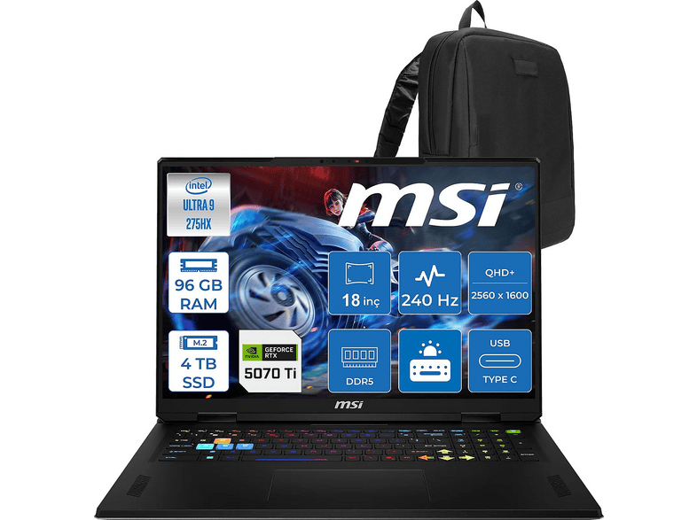 MSI Raider 18 Hx ZW1094XTRF47 Intel Core Ultra 9 275HX 96 GB RAM 4 TB SSD 18 inç FreeDOS Laptop+Çanta Gri