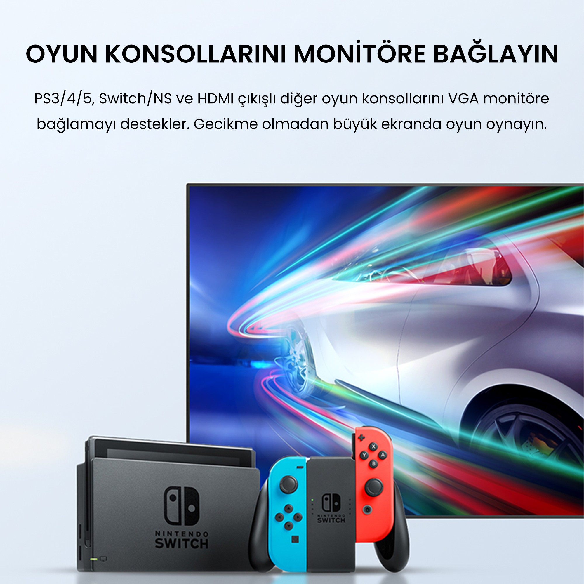 Yarış oyunu gösteren bir monitörün önünde Nintendo Switch konsolu ve kontrolcüleri.