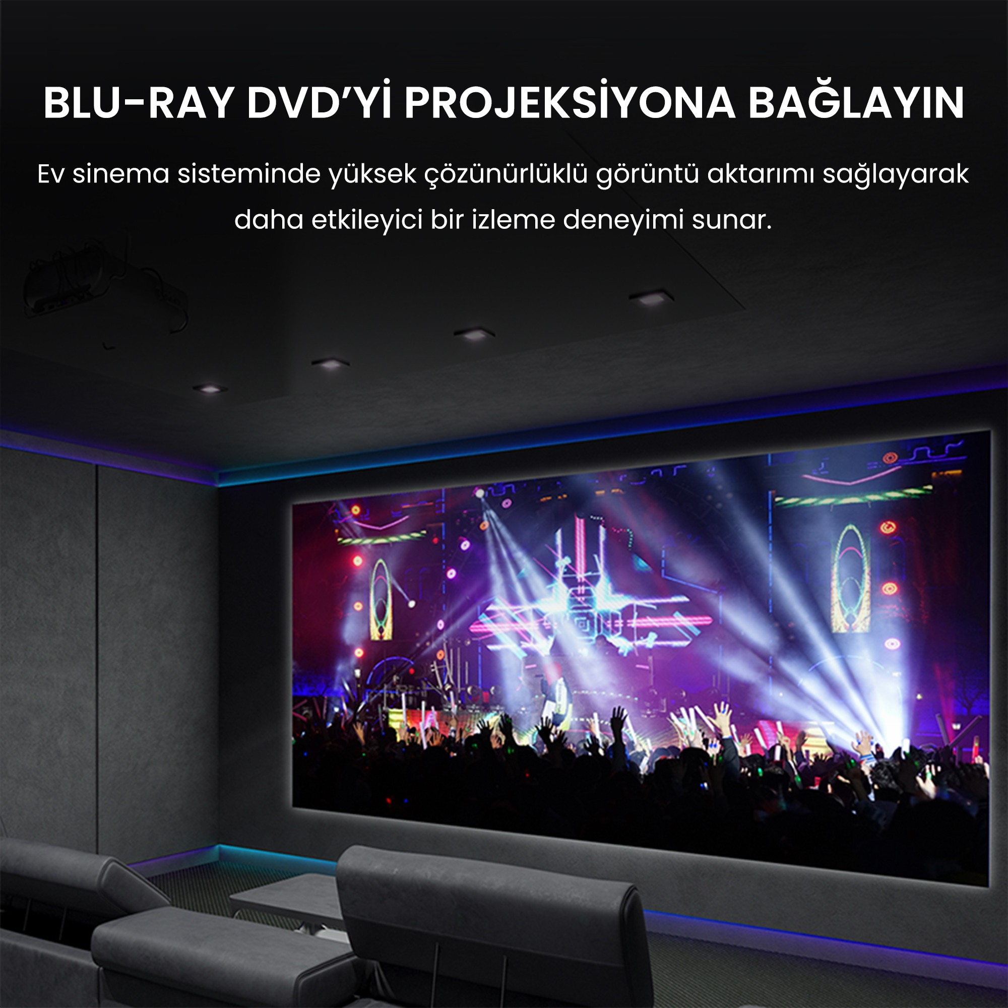 Büyük projeksiyon ekranı, LED aydınlatma ve gri koltuklu ev sineması.