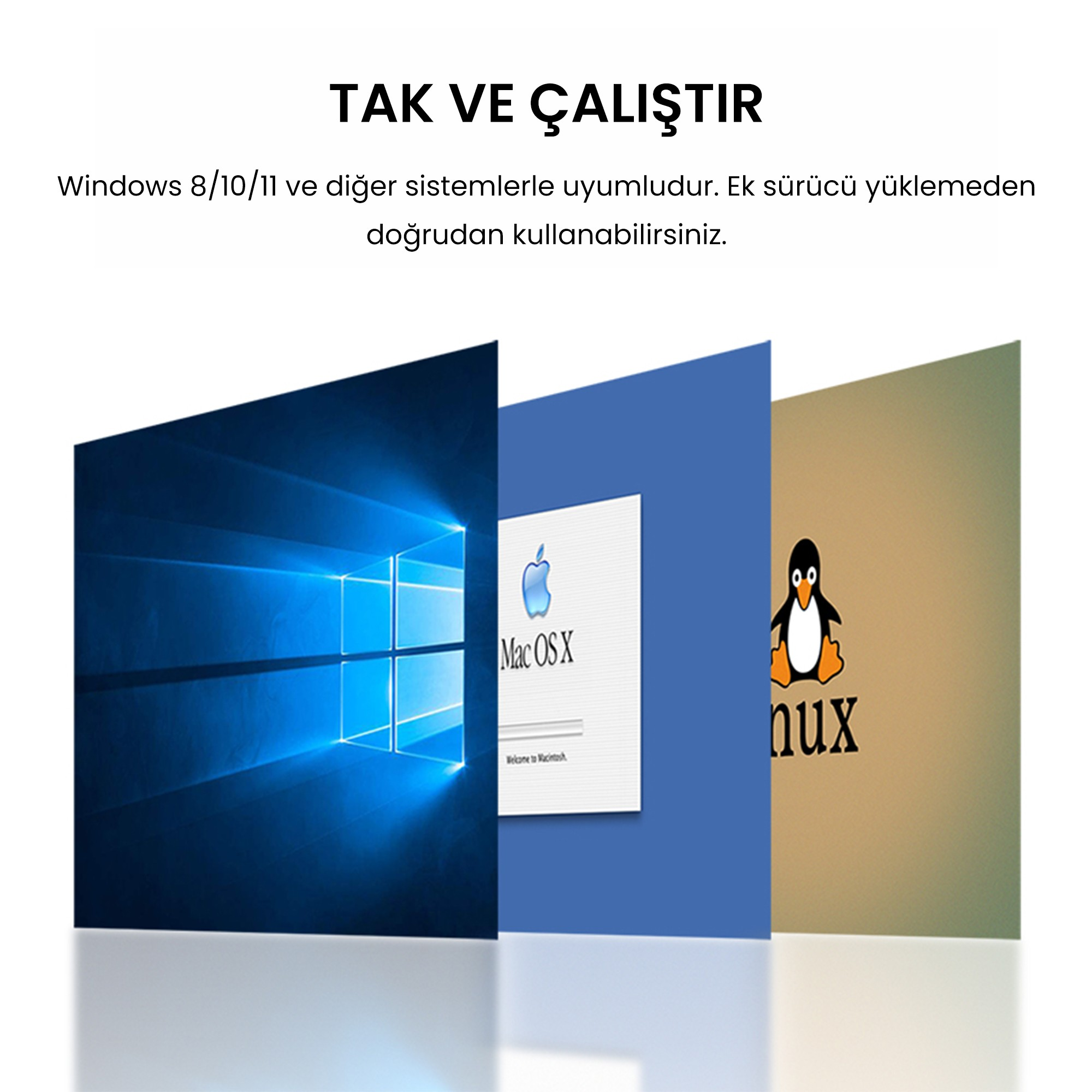 Afişte tak-çalıştır uyumluluğu hakkında metinle birlikte Windows, Mac OS X ve Linux logoları yer alıyor.