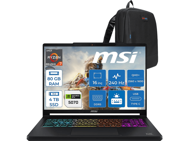 MSI Crosshair A16 Hx E8WGXK-058XTRY ZW058XTRYF39 AMD Ryzen 7 8840HX 80 GB RAM 4 TB SSD 16 inç FreeDOS Laptop+Çanta Siyah
