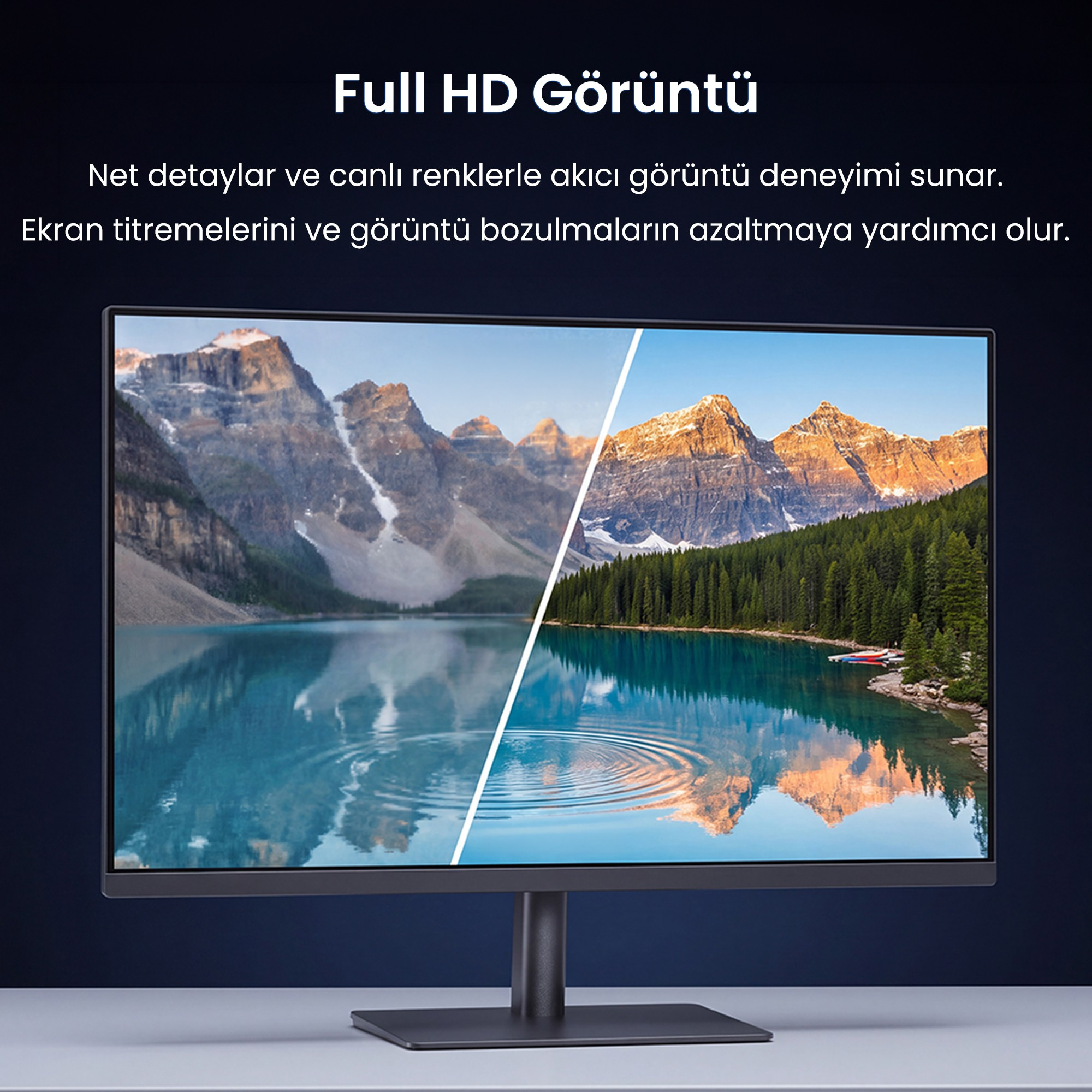 Bir monitör, üstünde yazıyla bölünmüş dağ ve göl görüntüsü gösteriyor.