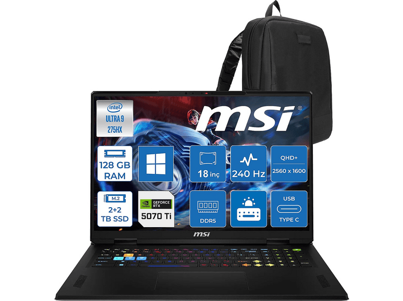 MSI Raider 18 Hx ZW1094XTRP54 Intel Core Ultra 9 275HX 128 GB RAM 2 TB SSD 18 inç FreeDOS Laptop+Çanta Gri