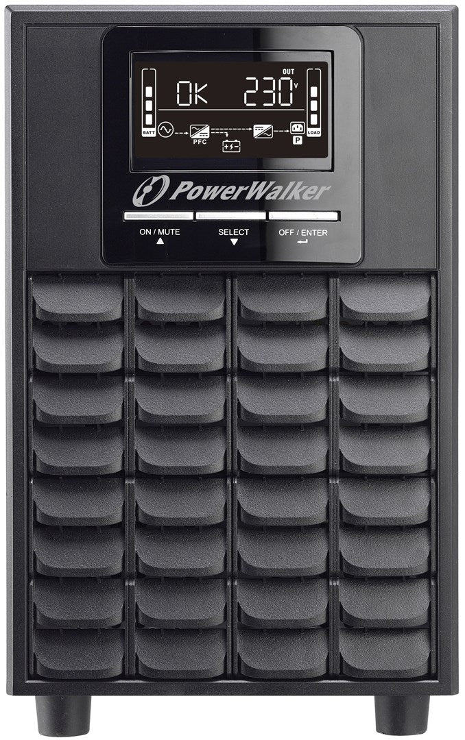 Eine schwarze PowerWalker USV mit Digitalbildschirm, drei Tasten und Lüftungsgitter vorne.