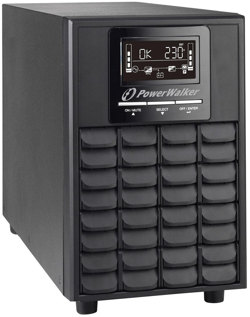 Ein schwarzes PowerWalker USV-Gerät mit digitalem LCD-Bildschirm und Lüftungsgittern vorne.