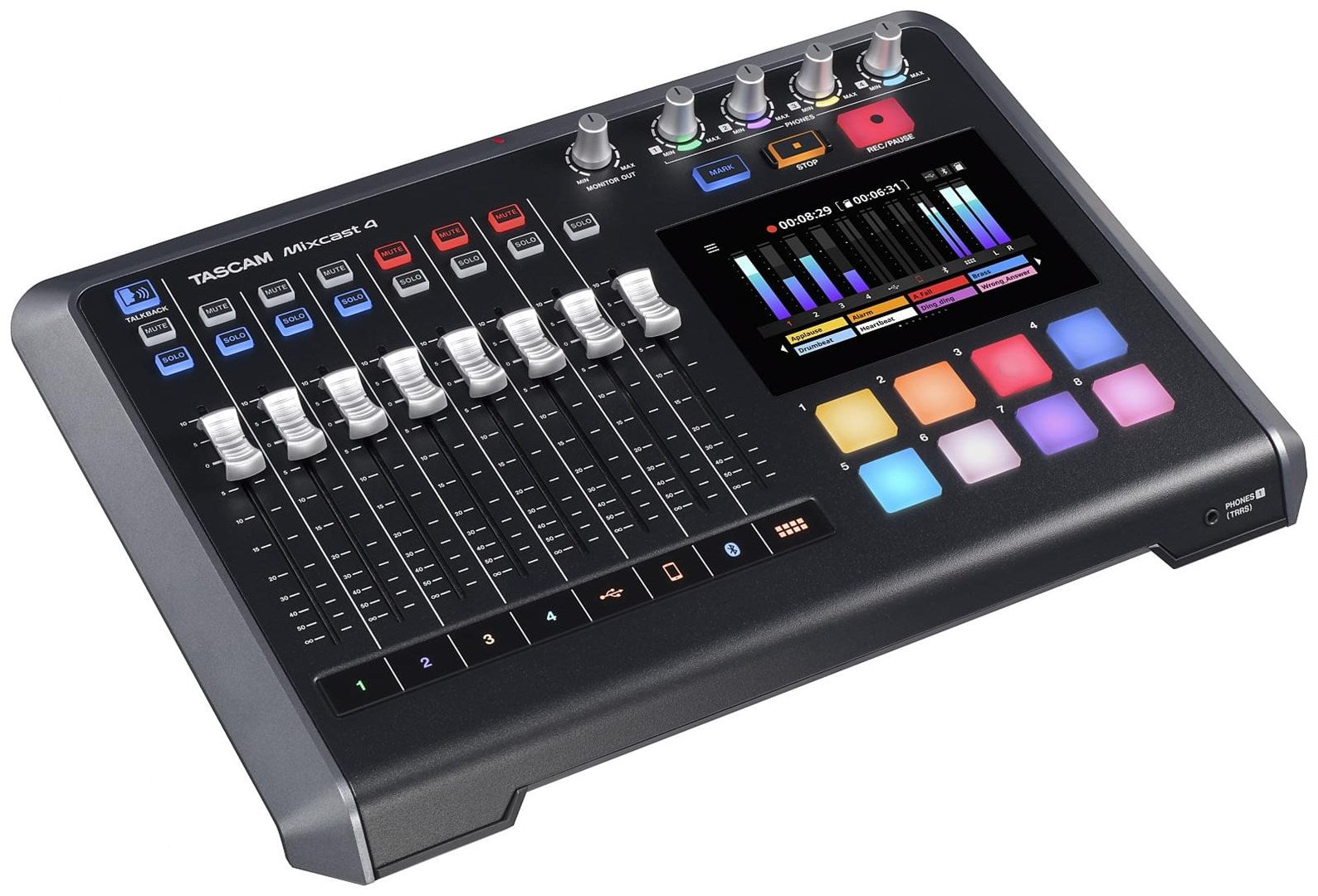 Eine Tascam Mixcast 4 Podcast-Station mit Fadern, Reglern, bunten Sound-Pads und Touchscreen.
