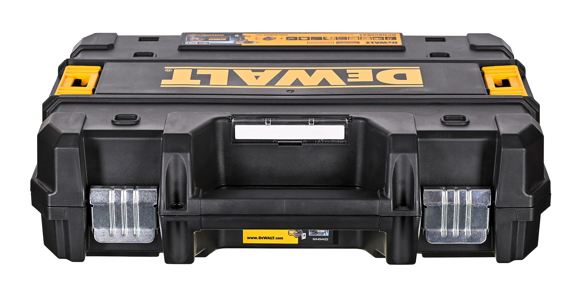 Caja de herramientas negra DeWalt con detalles amarillos y cierres metálicos sobre fondo blanco.