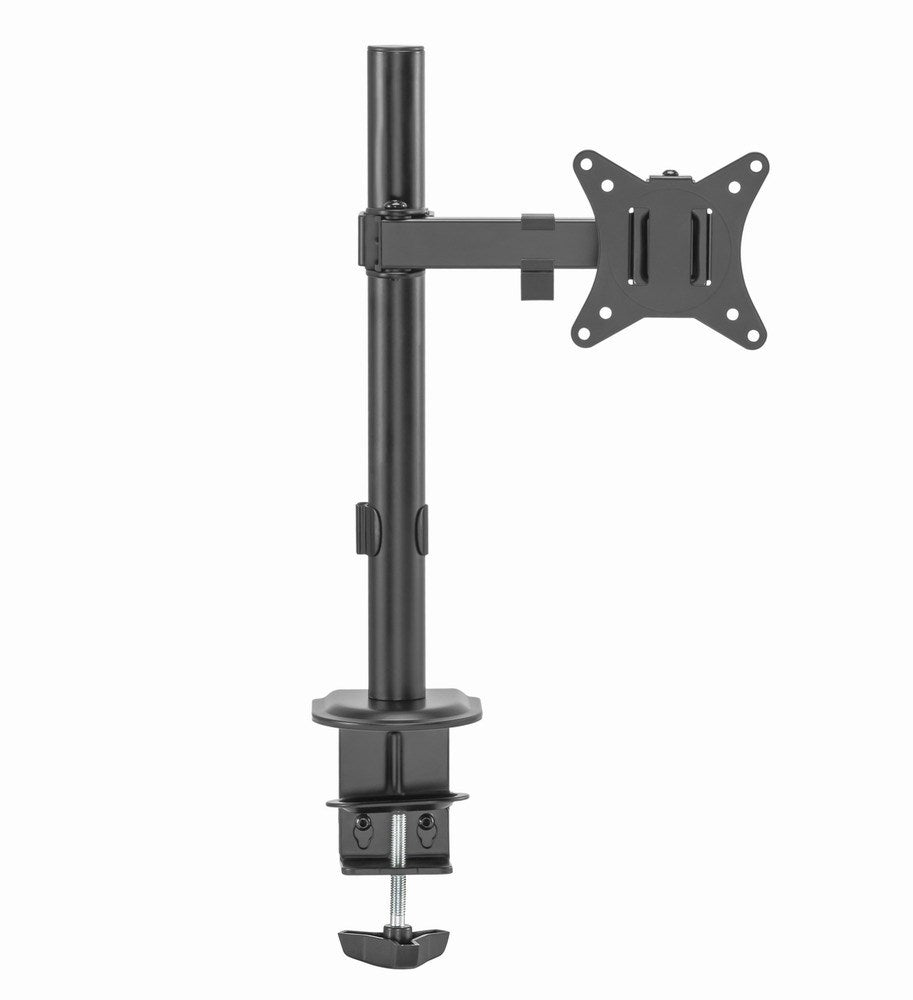 Soporte de monitor de escritorio negro con poste vertical y soporte VESA.