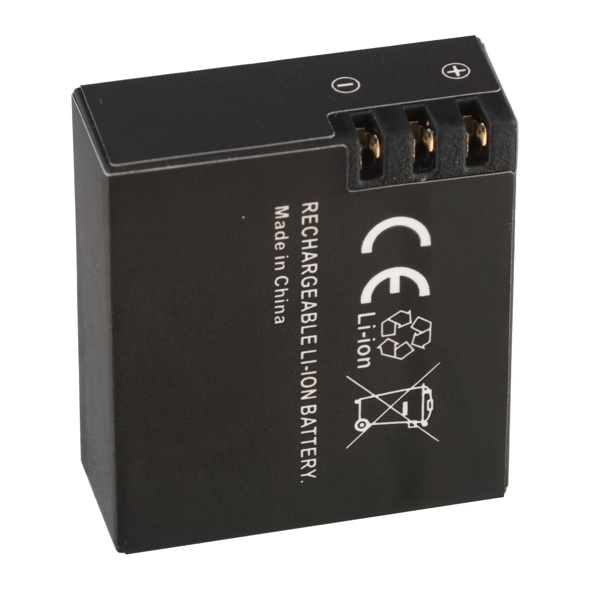 Schwarzer Lithium-Ionen-Akku mit CE-Kennzeichnung und Kontakten.