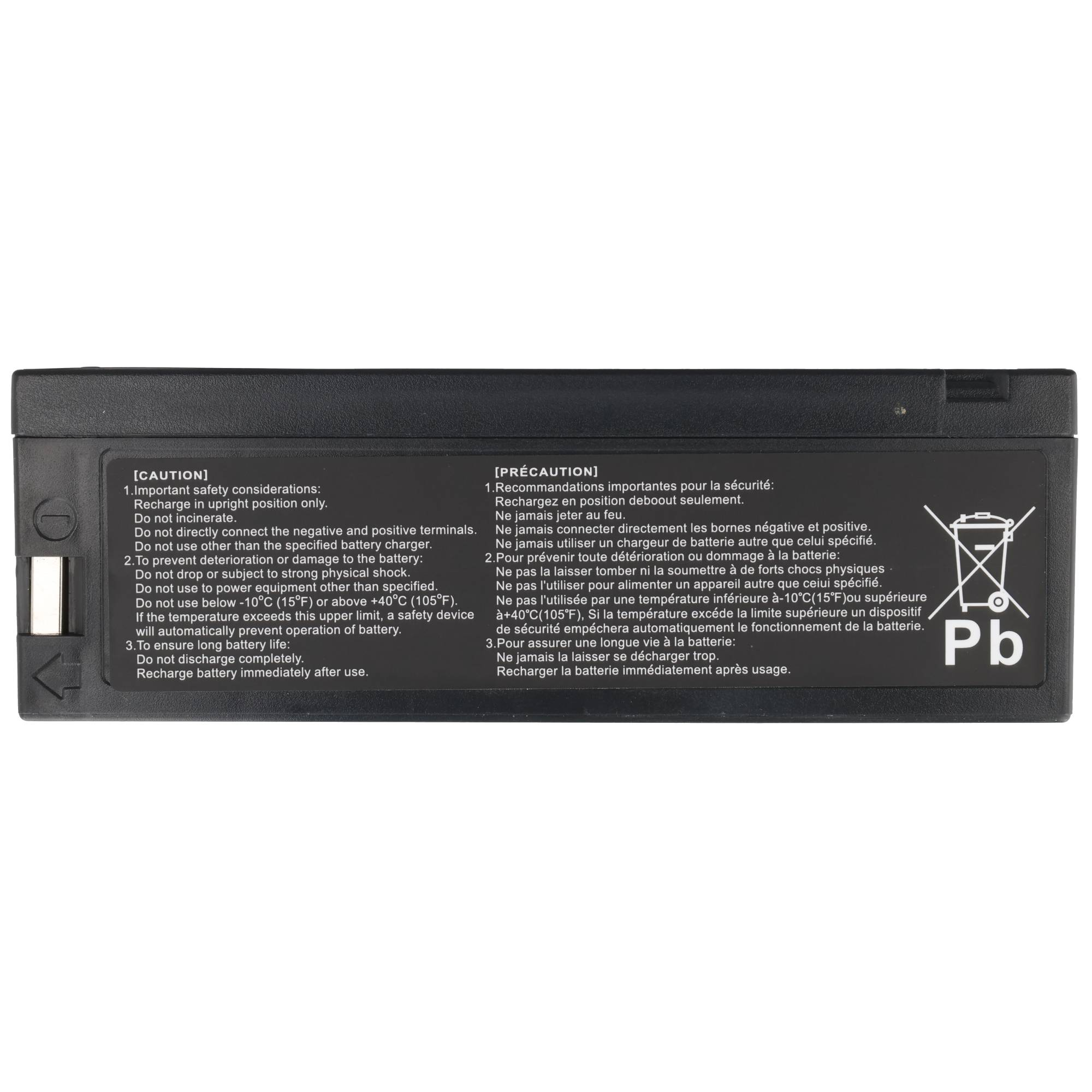 Batteria nera con avvertenze di sicurezza in inglese e francese e un simbolo di piombo.