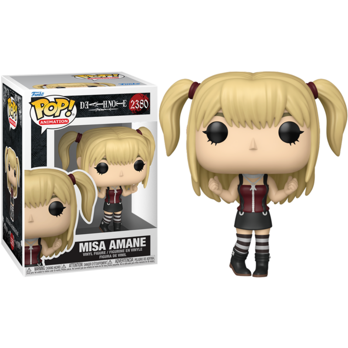 Misa Amane Funko Pop Vinyl-Figur mit blonden Zöpfen, rotem Oberteil und schwarz-weiß gestreiften Stiefeln neben ihrer Verpackung.