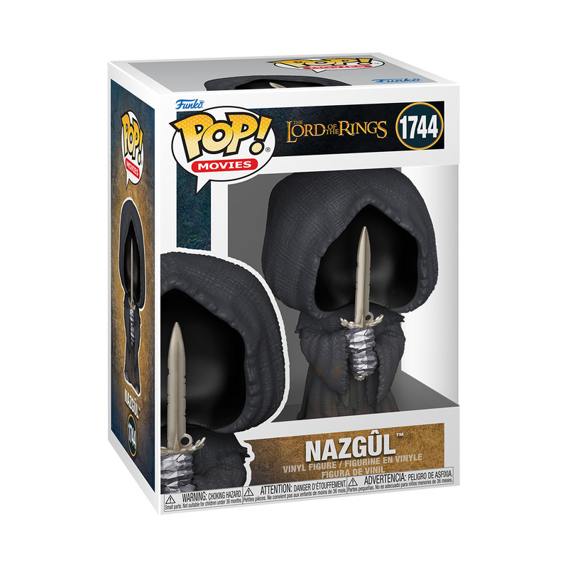Caja Funko Pop con una figura de vinilo de Nazgûl de El Señor de los Anillos sosteniendo una espada.