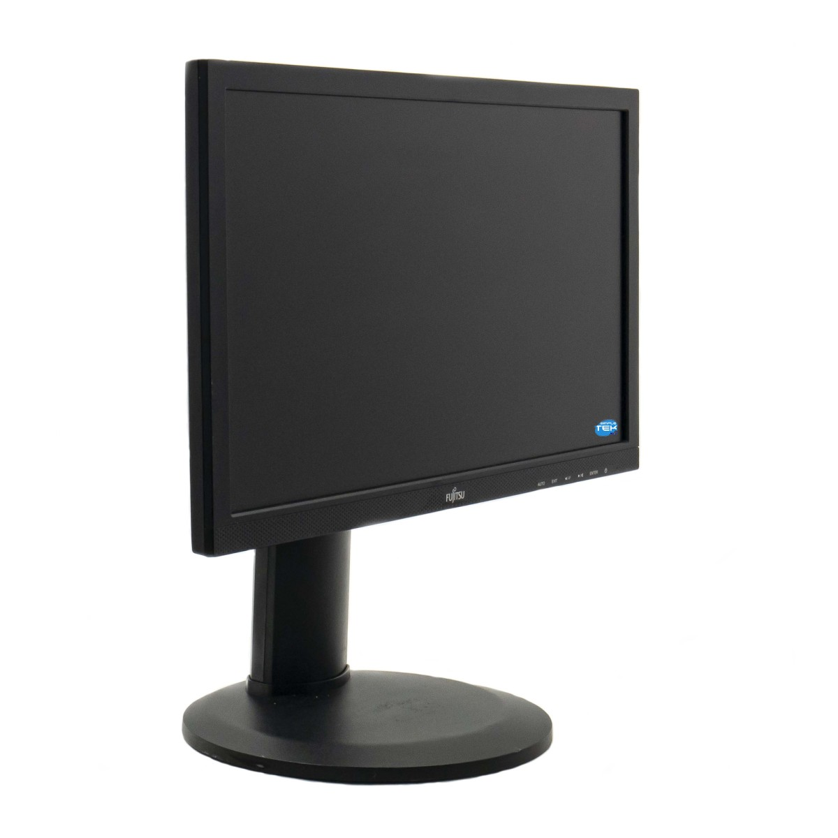 Un monitor per computer Fujitsu nero su supporto rotondo su sfondo bianco.
