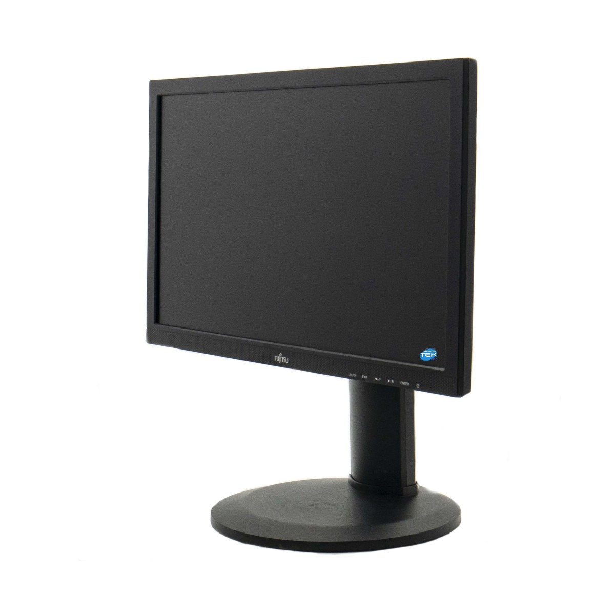 Un monitor per computer Fujitsu nero su base rotonda con sfondo bianco.
