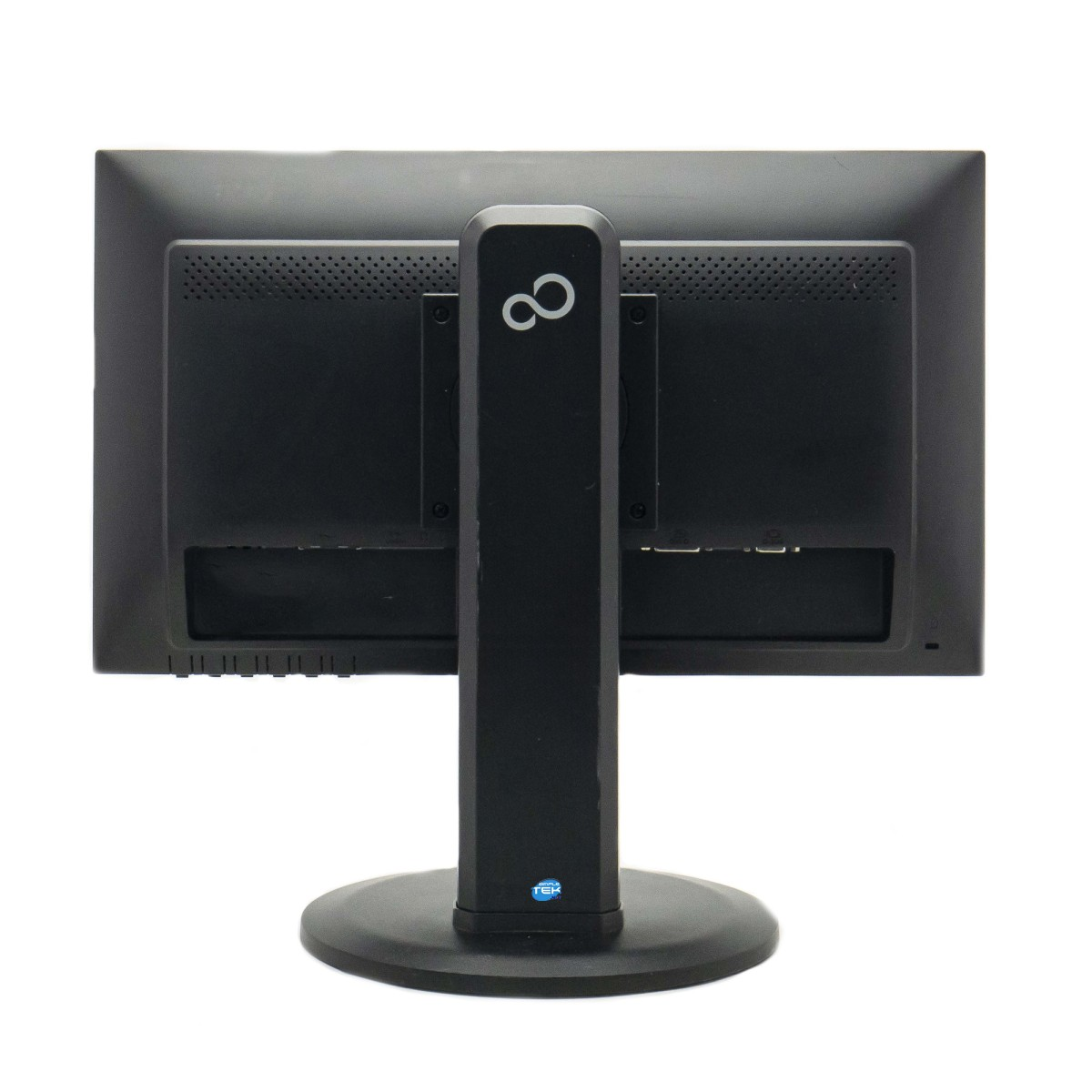 Vista posteriore di un monitor per computer nero con supporto su sfondo bianco.