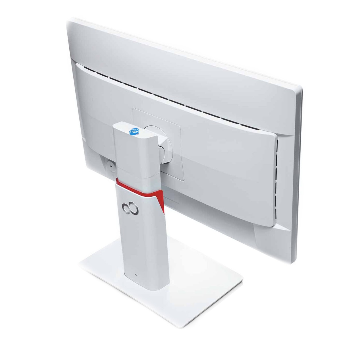 Vista posteriore di un monitor per computer bianco con supporto su sfondo bianco.