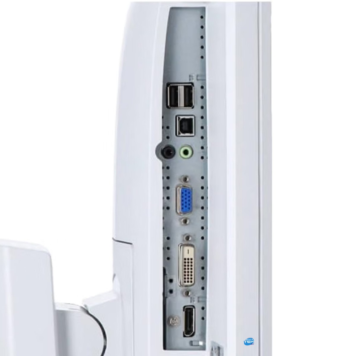 Vista laterale di un monitor bianco che mostra varie porte tra cui USB, VGA, DVI e HDMI.