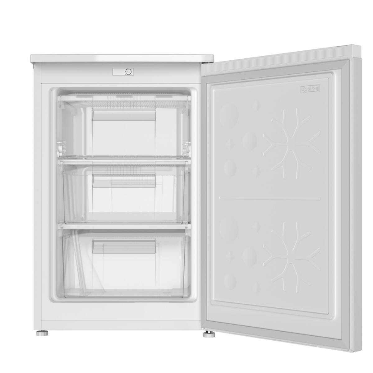 Un congelador vertical blanco con la puerta abierta muestra tres cajones transparentes.